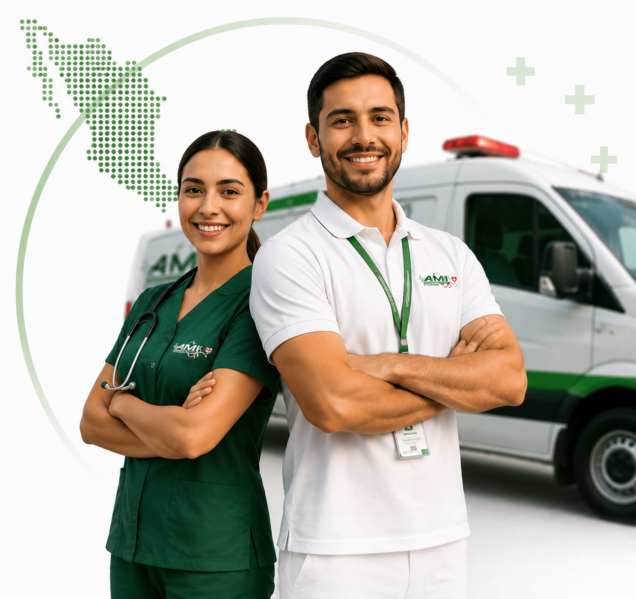 Equipo médico AMI frente a la ambulancia
